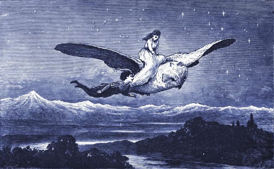 ‘A moonlight ride on an owl’s back’ from Fairy Guardians by F. Willoughby, 1875