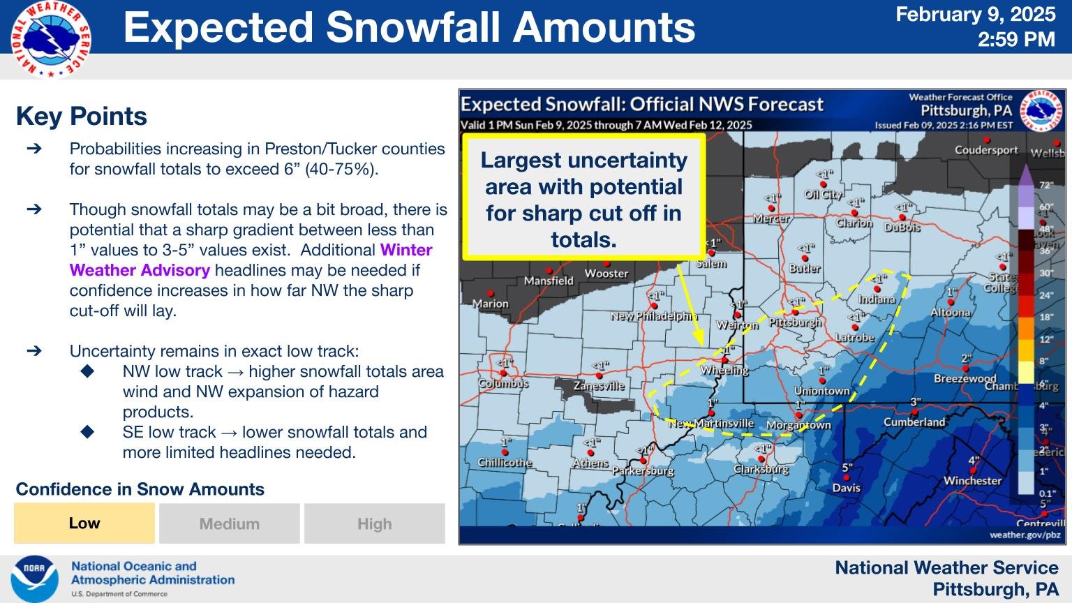 Graphic showing the expected snowfall totals for the next winter event Tuesday.  Uncertainty remains fairly high with potential the event snow totals are more narrow than depicted.  Visit weather.gov/pittsburgh/winter for more information.