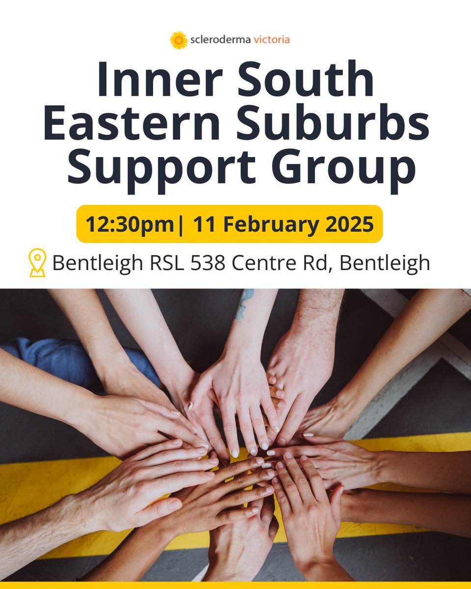 JOIN US for the Inner South Eastern Suburbs #SupportGroup meeting!

WHEN: Tuesday, 11th February at 12:30 pm
WHERE: RSL 538 Centre Rd, Bentleigh, Vic

Let’s connect, share experiences, and support each other. Your presence matters!

#InnerSouthEasternSuburbs
#SclerodermaCommunity