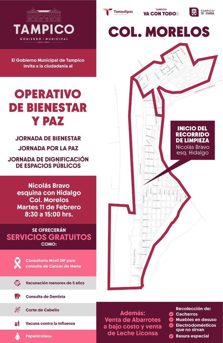 ¡Amigas y amigos de la Col. Morelos! Los espero el próximo martes 11 de febrero. Realizaremos un operativo con Jornada de Bienestar, Limpieza y Paz en su colonia, en beneficio de todas y todos. #TampicoVaConTodos