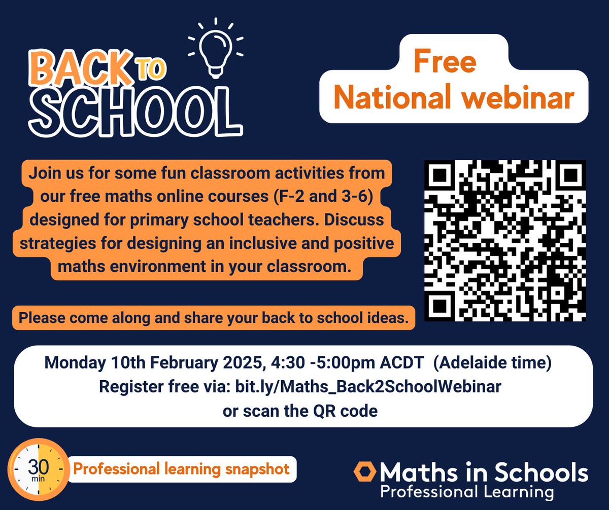 Don't miss our Back to School webinar today! Fun classroom ideas from our free Maths in Schools online courses.
Today - Mon 10th Feb, 4.30pm ACDT
Register now: bit.ly/Maths_Back2Sch…
Part of Aus Gov Maths in Schools: Teaching &amp; Learning Resources to Support Mathematics project.