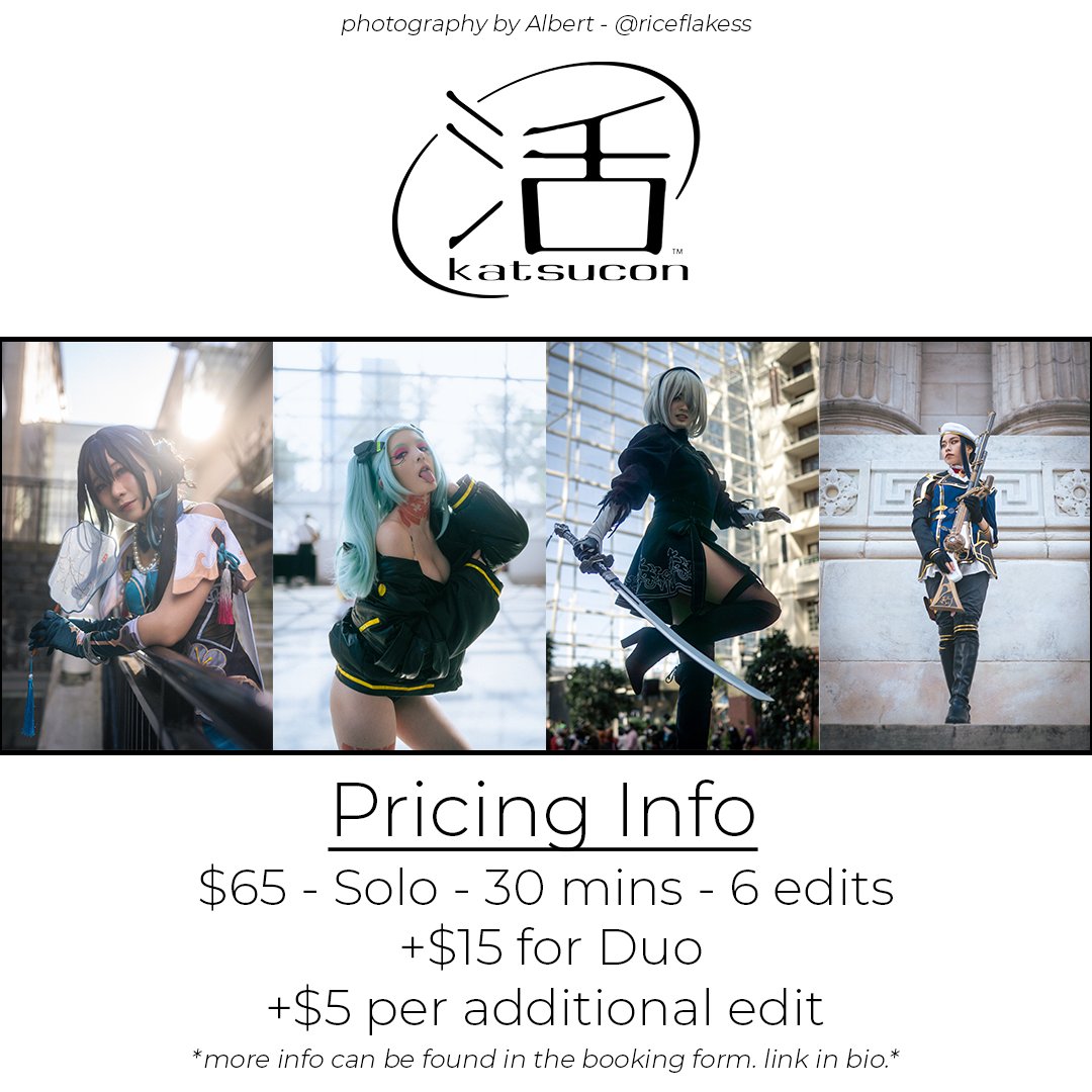 Hello Twitter I am alive! 

I'm taking photoshoot bookings at Katsucon this weekend! If you're interested you can use the link in my bio to reserve a slot or shoot me a DM! 

#katsucon #katsucon2025 #cosplay #cosplayphotography #hsr #NieRAutomata #arcane #Cyberpunk2077
