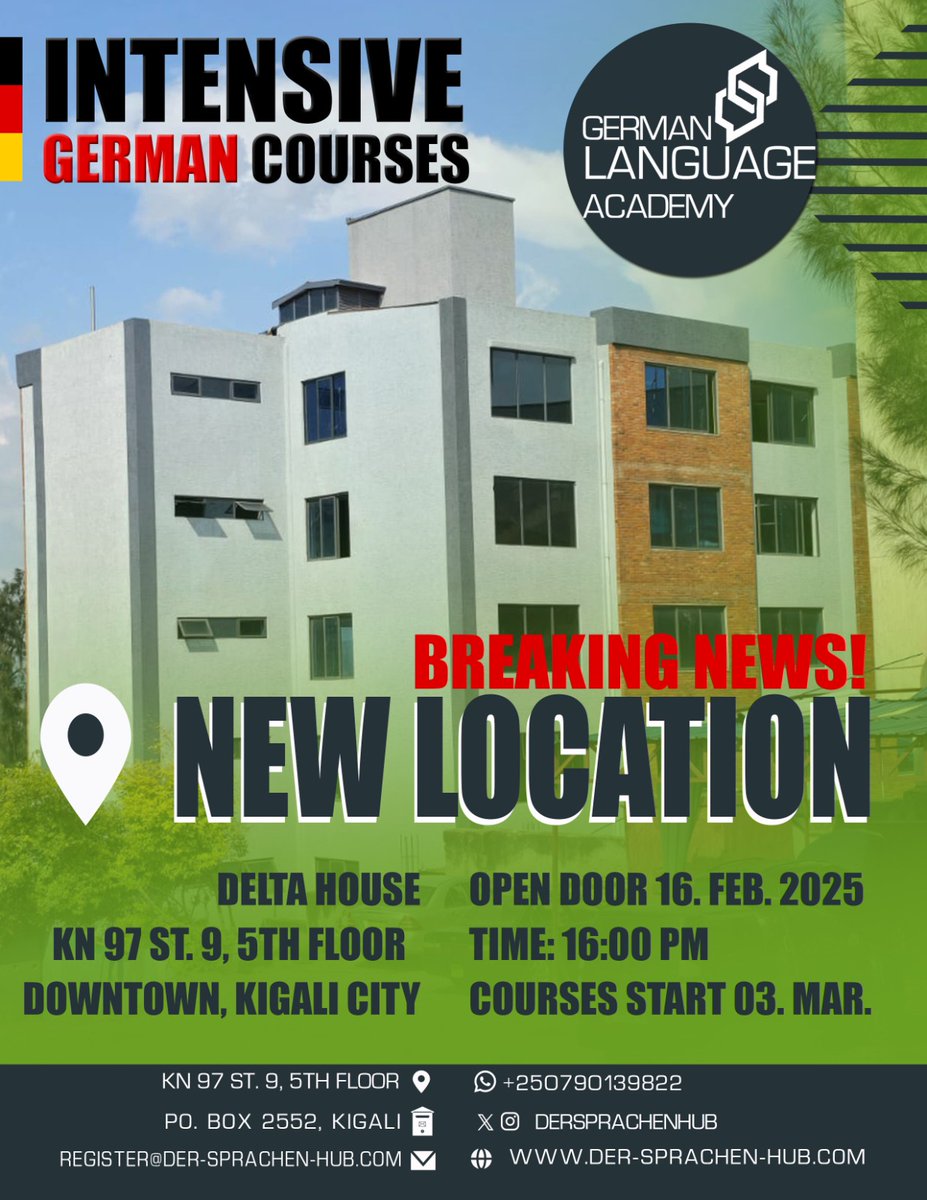DerSprachenHub's tweet photo. #BREAKING NEWS! DER SPRACHEN HUB | GERMAN LANGUAGE ACADEMY #NEWOPENING IN KIGALI CITY. #DELTAHOUSE BETWEEN #HOTELOKAPI &amp; #NEWIMPALA. WE ARE COMING STRONG. ONLY WITH US YOU HAVE #INTENSIVE #GERMAN #COURSES #EASY #AFFORDABLE &amp; €INTENSIVELY INTENSE
@akagerarheinorg  @Germaninhuye https://t.co/xI3qD8eX5p