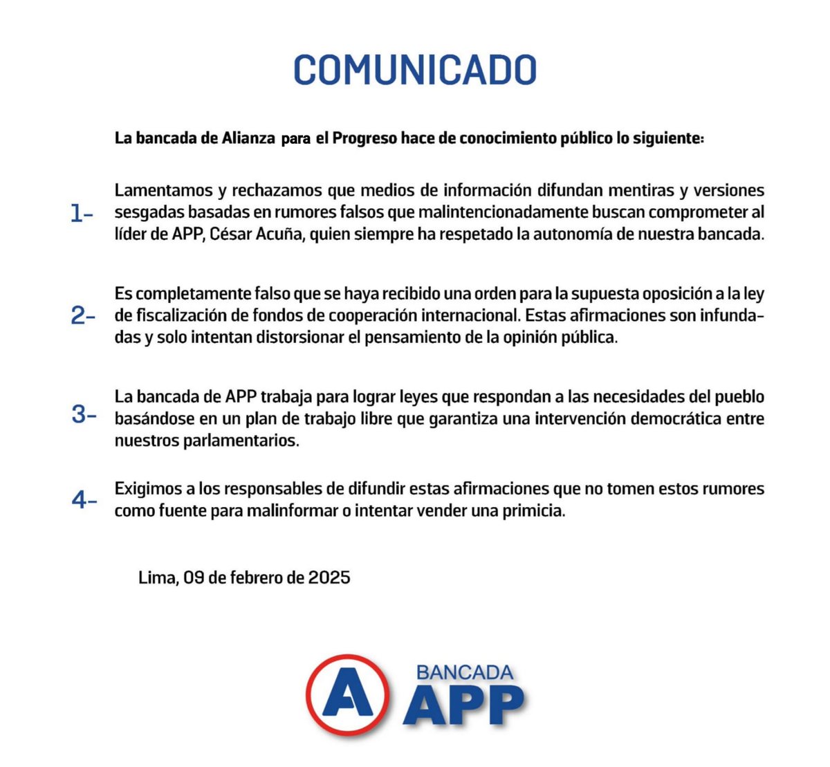 🔴🔵 COMUNICADO A LA OPINIÓN PÚBLICA DE LA BANCADA APP