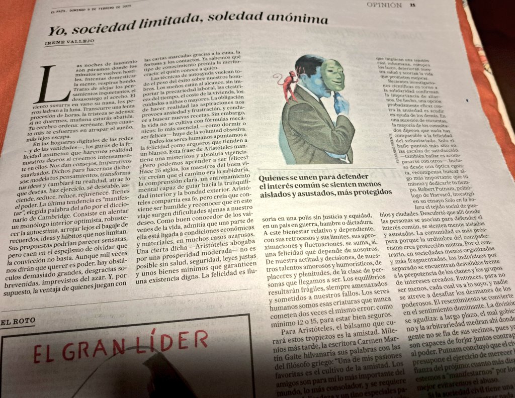 De nuevo, un excelente artículo de <a href="/irenevalmore/">Irene Vallejo</a> q nos anima a desconfiar de los augures de la psicología de autoayuda. Huyamos de las recetas solipsistas y narcisistas y busquémonos en proyectos colectivos solidarios...