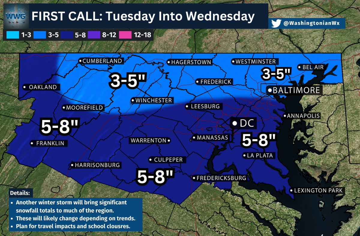 FIRST CALL: Here are our thoughts on the upcoming winter storm. We think the heaviest snow will fall in and around the DC Metro and to the southeast, with 3-5” expected up north.  

Any preparations need to be completed today and tomorrow. This will be a long-duration snow event.