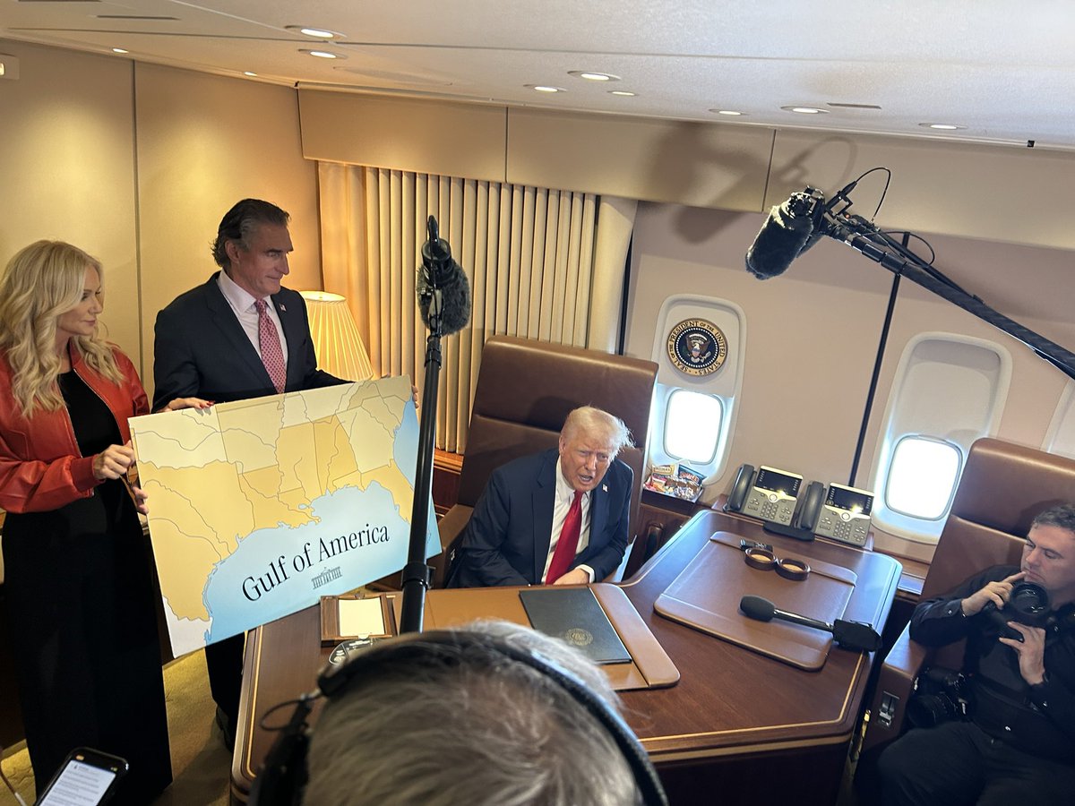 NEW: Trump held an impromptu news conference on Air Force One as he flew above the now formally renamed Gulf of America on his way to the Super Bowl.