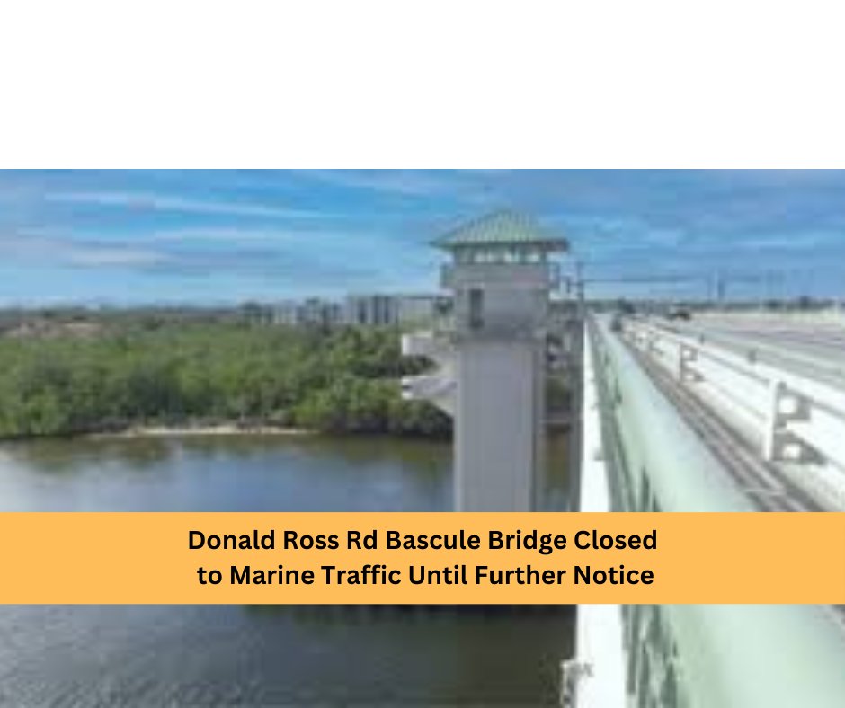 Due to unexpected component issues, Donald Ross Bascule Bridge will remain locked down to marine traffic until further notice. 

The bridge remains open to vehicular traffic. Staff is actively working to resolve the issue. The next update will be provided at 11 a.m. Monday