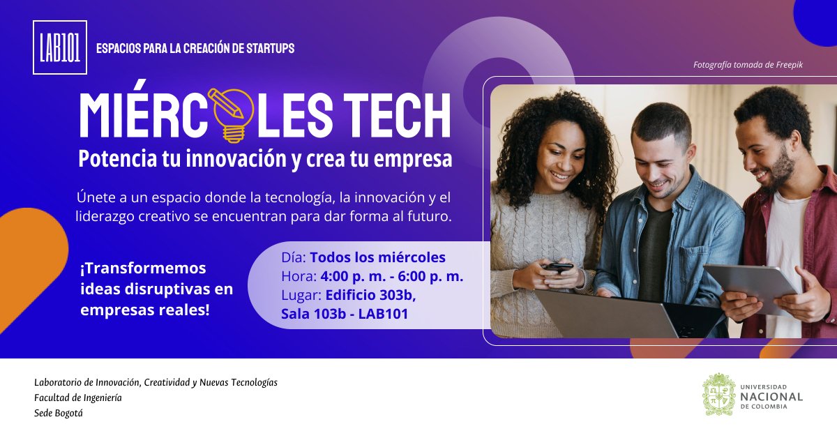 UNALOficial's tweet photo. #MiércolesTECH 🚀 ¿Listo para liderar tus ideas? 📢 Explora innovación y liderazgo para transformar proyectos en éxitos mañana todos los miércoles a partir de las 4:00 p.m. en el edificio 303b, Sala 103 (#LAB101Unal) de la Sede #BogotaUNAL 👉 Regístrate https://t.co/eDsyjAnkkh https://t.co/DY6LaJsOME