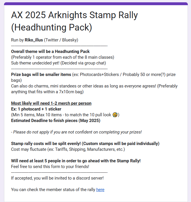 Riko_illus's tweet photo. Hello, I am running an Arknights:Headhunting Pack Stamp Rally at AX / AnimeExpo 2025! You can apply below if you are interested! https://t.co/MLbrE0vWmH