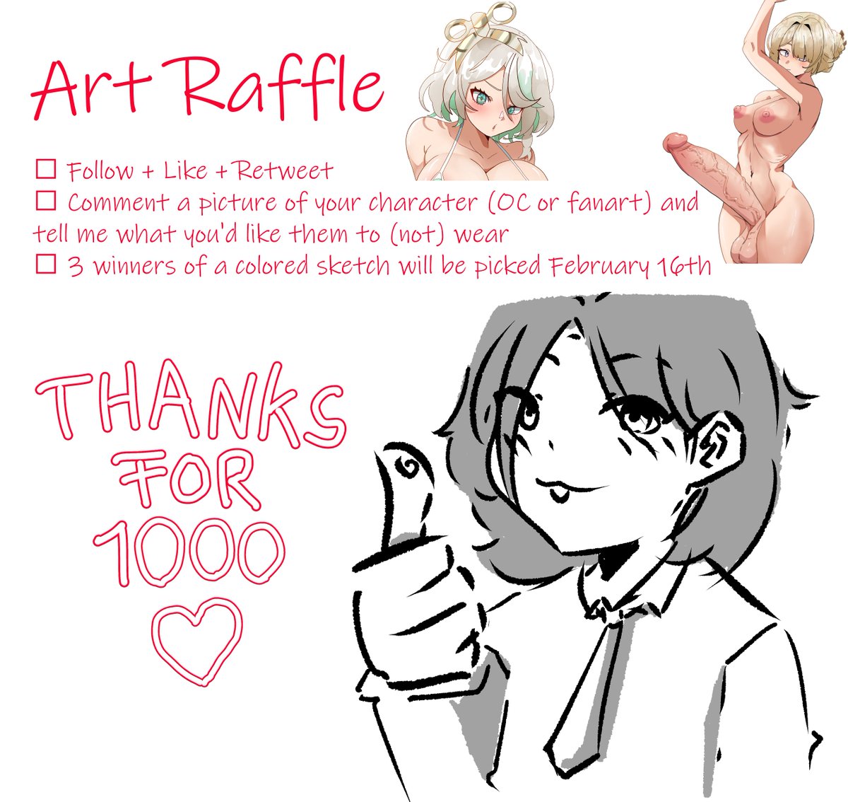 🎉We just hit 1k followers, thank you so much🎉
To celebrate, I'll be doing an Art Raffle!

✦ Follow + Like + Retweet
✦ Comment a picture of your character (OC or fanart) and tell me what  you'd like them to (not) wear
✦ 3 winners of a colored sketch will be picked February 16