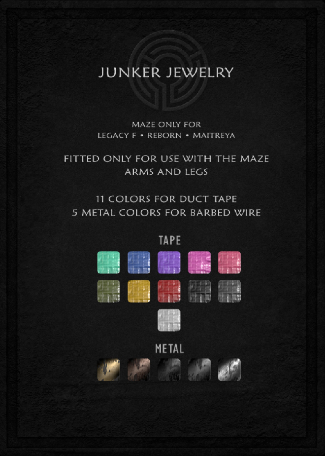 Some sexy accessories from the junkyard / apocalypse~ Arm and leg binds crafted out of duct tape and barbed wire for the finest junk punk look. New @ Fetish Fair! #secondlife

Flickr: flic.kr/p/2qKFYrd
Taxi: maps.secondlife.com/secondlife/Fen…