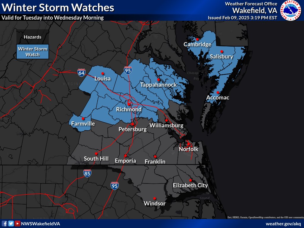 NWSWakefieldVA's tweet photo. Winter Storm Watches have been issued across the northern half of the area, including the Richmond Metro for Tue-Wed morning. In general, a widespread 2-5" of snow is possible in the watch area with the potential for locally higher totals. https://t.co/RTF9UM0AW5