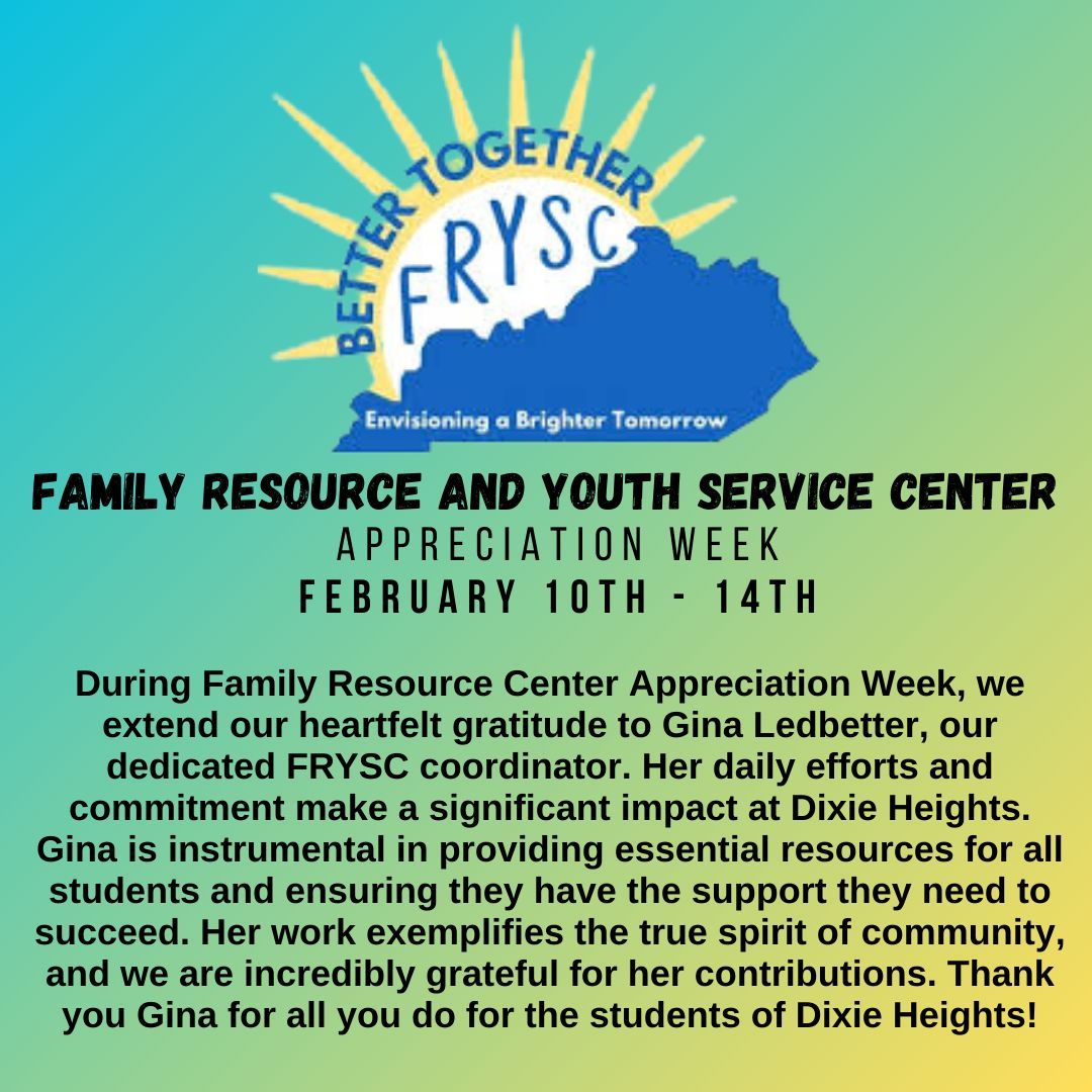 DixieHeightsHS's tweet photo. Tomorrow is the start of Family Resource and Youth Center Appreciation week! Take time this week to thank Ms. Ledbetter for all she does for Dixie Heights! @TheKCSD https://t.co/WMNSmk5ZOK