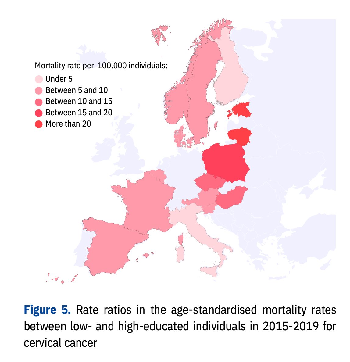 Dlaczego musimy zadbać o edukację - w tym również tą zdrowotną? Warto spojrzeć na mapę UE prezentującą współczynniki umieralności standaryzowanej (wg wieku) między osobami o niskim i wysokim wykształceniu w latach 2015–2019 dla raka szyjki macicy.