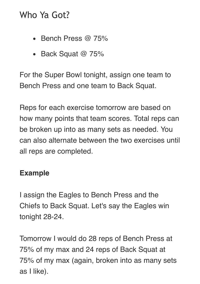 realNickCurry's tweet photo. Tomorrow WOD: Super Bowl Rep Challenge! Pick your teams, hit 75% of your max, and grind out those points. Who ya got? #GameDayGains #SuperBowlWorkout #EarnYourReps
Eagles- Bench Press
Chiefs- Back Squat
Who is in? https://t.co/DVKnfCyqwK