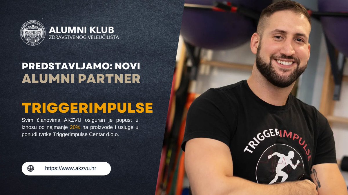 [📢 NOVI ALUMNI PARTNER] Poštovani Alumni članovi, izuzetno nam je zadovoljstvo obavijestiti vas o novom sporazumu o suradnji potpisanom s tvrtkom Triggerimpulse Centar d.o.o., čime ostvarujete popust od 💥 20% na proizvode i usluge 💥