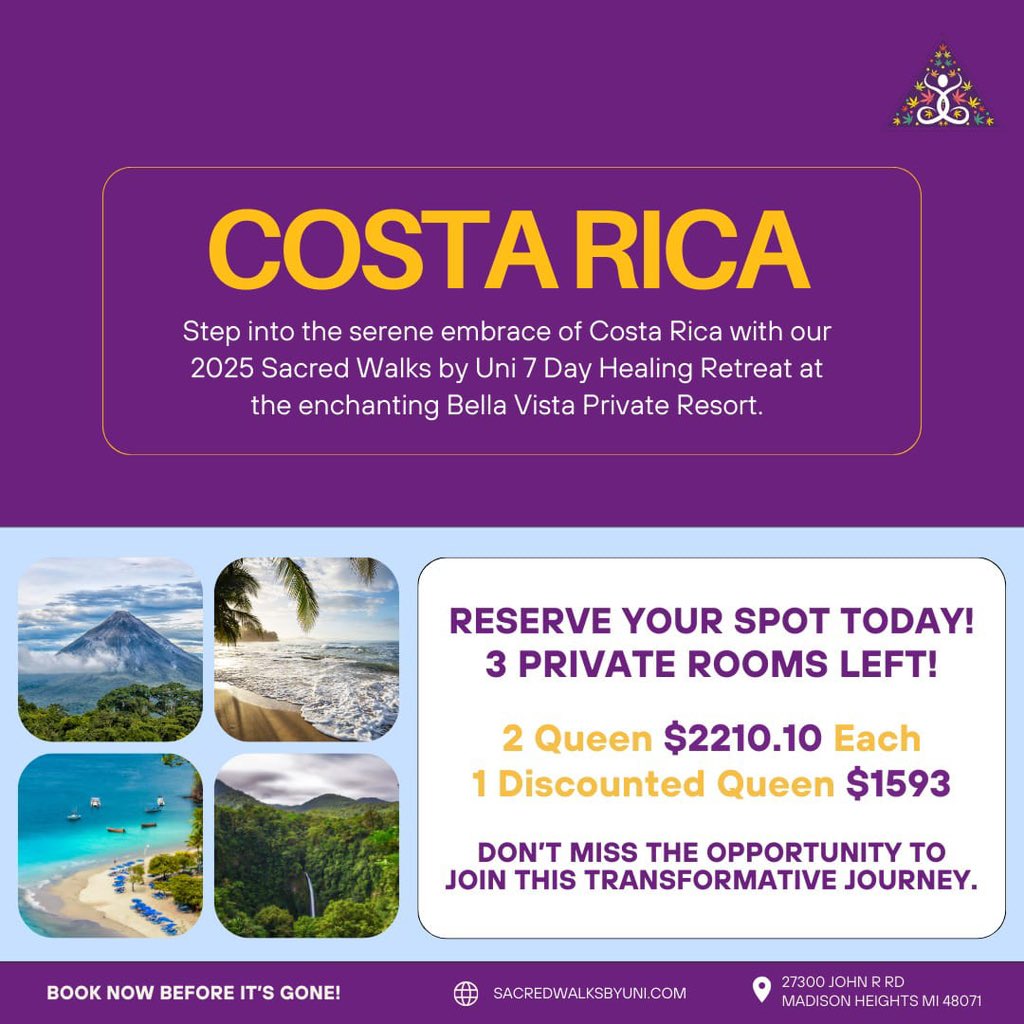 SacredWalkByUni's tweet photo. Step into the serene embrace of Costa Rica with our 2025 Sacred Walks by Uni 7-Day Healing Retreat! ☀️🌿 Reconnect with nature, rejuvenate your soul, and experience deep healing in paradise.✨

Reserve your spot today! → https://t.co/9t0sV8suHV https://t.co/NmgKIU8lih