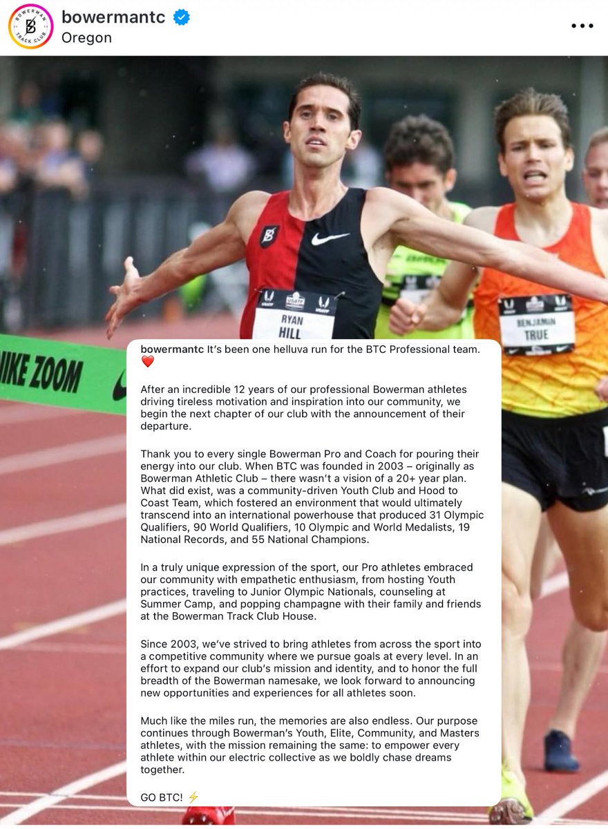 ChrisChavez's tweet photo. The end has come for the Nike Bowerman Track Club’s professional team.

Per the club’s Instagram account, the team had 31 Olympic Qualifiers, 90 World Qualifiers, 10 Olympic and World Medalists, 19 National Records and 55 national champions since 2003.

On Friday, Nike announced its Swoosh TC hubs. Jerry Schumacher and Shalane Flanagan will oversee the Oregon division.