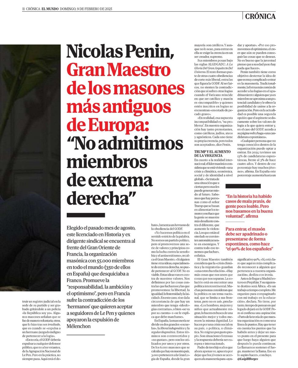 Entrevista en la prensa española a Nicolás Penin, al frente del <a href="/GrandorientGODF/">Grand Orient G.O.D.F</a>, la organización masónica más antigua de la Europa continental, a la que pertenece la <a href="/L_RosarioAcuna/">Logia Rosario Acuña</a>.