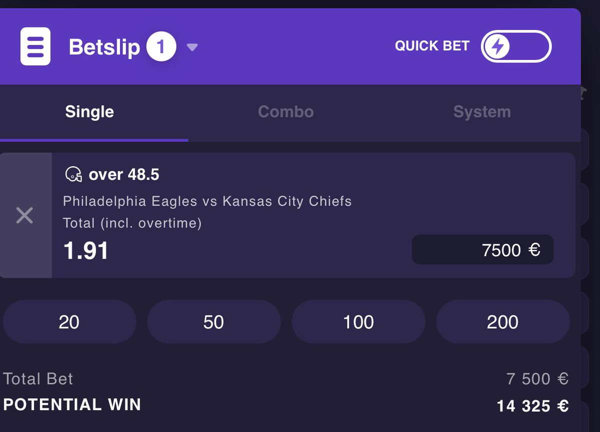 Les frères dès que je suis sur le pc, je pose ce bet sur le Superbowl !

1000€ si ça passe dans les RT !! 

On veut que ça marque fort, les 2 meilleurs attaques de la NFL, c’est bonne chance 🍀