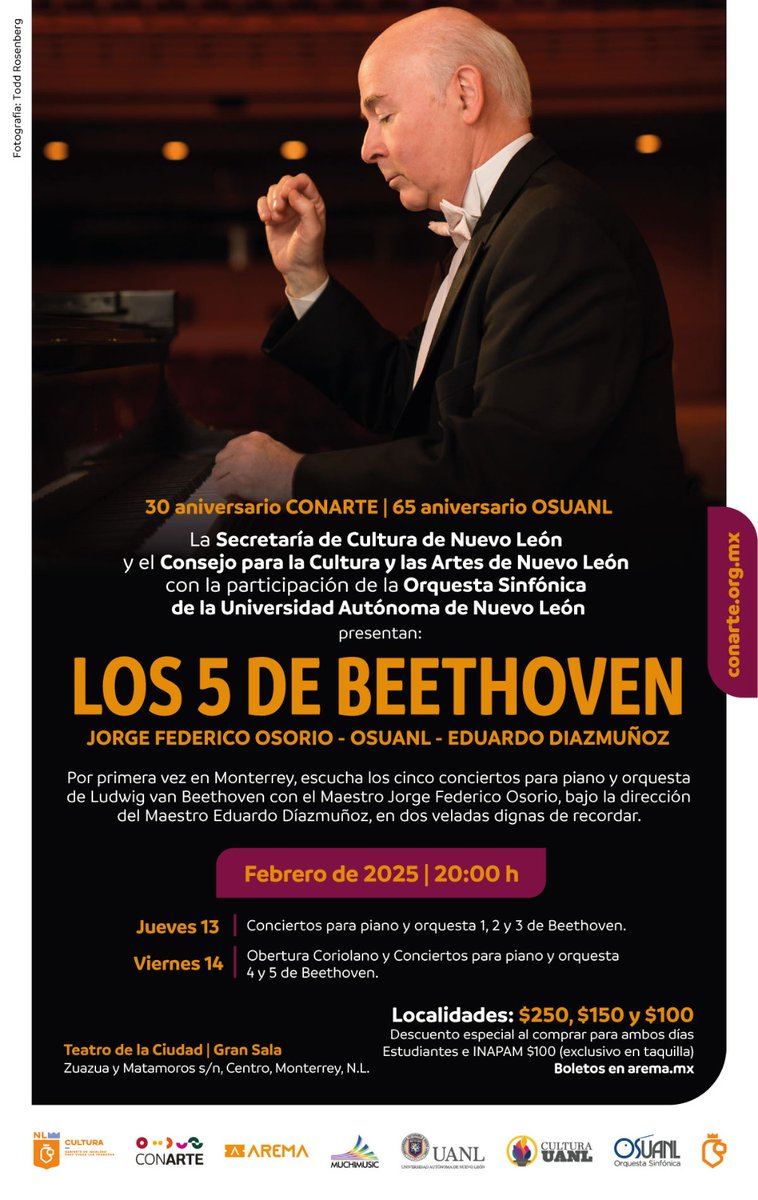El próximo jueves y viernes tendremos en Monterrey los 5 conciertos para piano de Beethoven por primera vez en dos conciertos consecutivos con el gran Jorge Federico Osorio, la OSUANL y el maestro Eduardo Diazmuñoz. Celebrando 30 años de <a href="/conartenl/">Conarte Nuevo León</a> y 65 de la <a href="/OSUANL/">Orquesta Sinfónica de la UANL</a> .