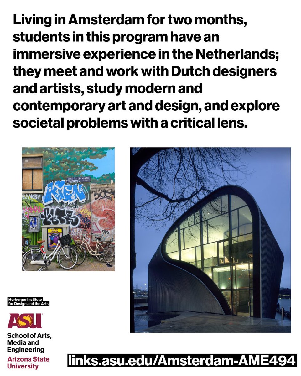 School of Arts, Media and Engineering (AME) (@asu_artsmedia) on Twitter photo š²š Study abroad in Amsterdam Summer 2025! Explore art and design, meet Dutch artists, earn 9 credits, and bike the city.
<a href="/ASUHIDA/">Herberger Institute</a>
Apps due March 1: links.asu.edu/Amsterdam-AME4ā¦
#Amsterdam #StudyAbroad #ArizonaStateUniversity š²š Study abroad in Amsterdam Summer 2025! Explore art and design, meet Dutch artists, earn 9 credits, and bike the city.
<a href="/ASUHIDA/">Herberger Institute</a>
Apps due March 1: links.asu.edu/Amsterdam-AME4ā¦
#Amsterdam #StudyAbroad #ArizonaStateUniversity