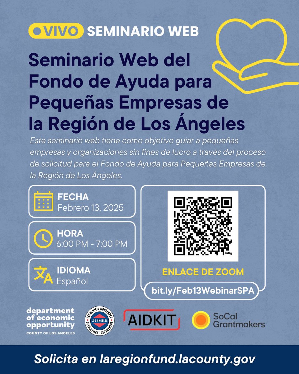 Important Update: Key dates for the LA Region Small Business &amp; Worker Relief Funds webinar have changed! 
 
Join Team DEO and <a href="/laewdd/">LAEWDD</a> for helpful webinars guiding small businesses, nonprofits, and workers through the application process.

To apply, visit laregionfund.lacounty.gov.