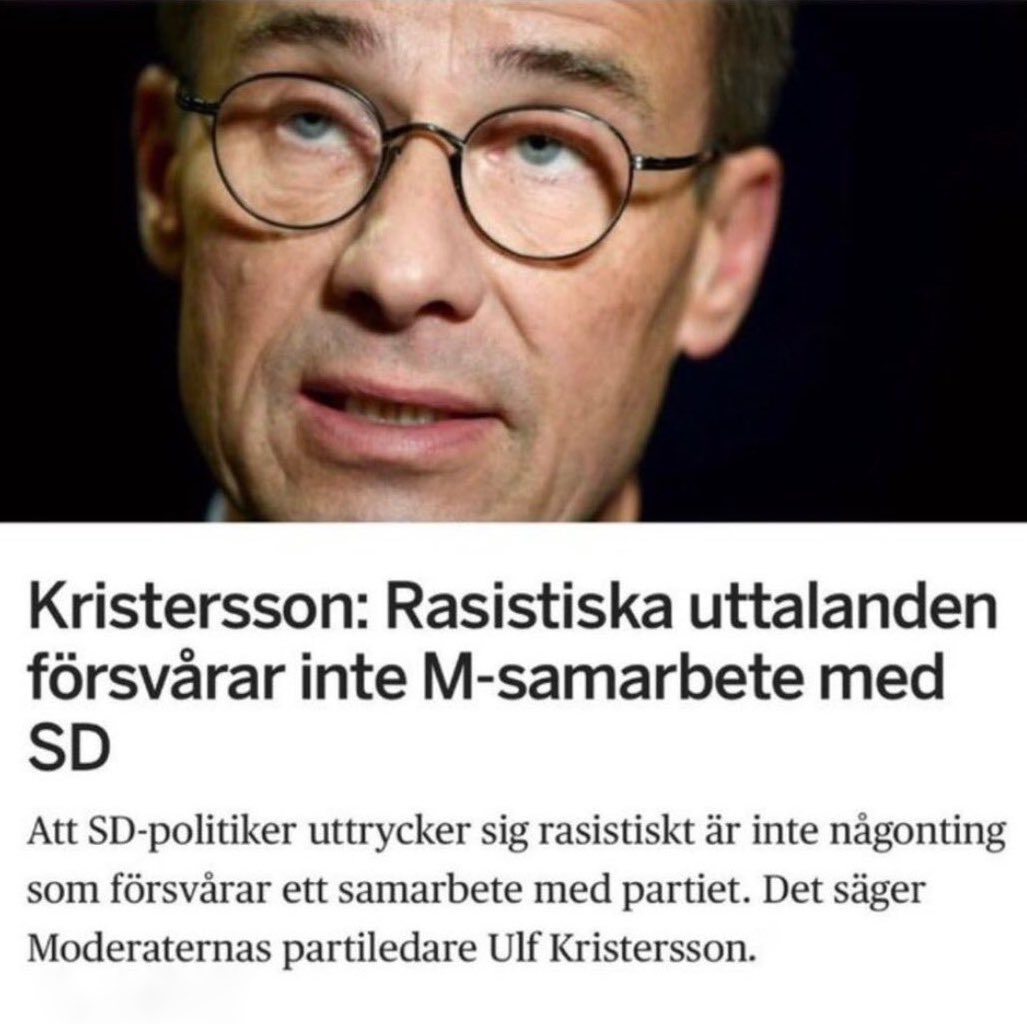 strandhall's tweet image. Avslutar kvällen med följande reflektion, Kristerssons tal om ”allas okränkbara värde”,  ”kämpa emot hatet” när regeringen samarbetar med ett högerextremt parti som dagligen sprider desinformation och propaganda för att elda på rasismen och destabilisera Sverige är svårsmält.