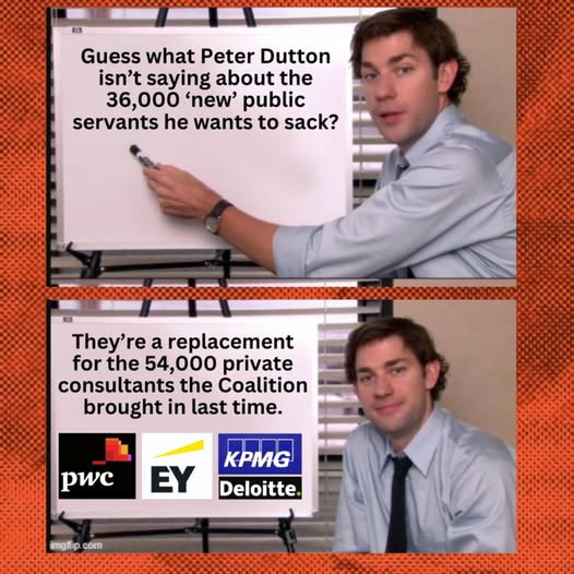 philmupp1's tweet photo. #auspol 
Peter Dutton is in touch with the common man.. right ?
He is bringing in tax deductible lunchathon for business and he is going to rout the Public Service and bring in the big 4 consulting firms. Because they have proved to be inscrutable.... right ? Meanwhile workers..? https://t.co/7rB3PRvUIl