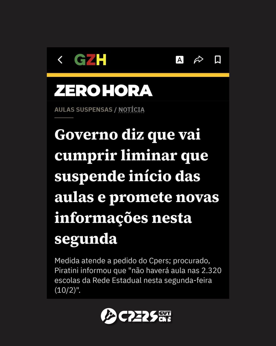 CPERSoficial's tweet photo. ✊🏾 Aulas seguem suspensas!

O governo Eduardo Leite (PSDB) acaba de confirmar a suspensão das aulas, porém, apenas para esta segunda-feira (10), em total contradição com a decisão judicial que determinou o adiamento do início do ano letivo até o dia 17 de fevereiro, a pedido do CPERS. Em vez de respeitar a Justiça e preservar a segurança de professoras(es), funcionárias(os) e estudantes, o governo insiste em minimizar a gravidade do evento climático extremo e de alto risco que atinge o Rio Grande do Sul. 

A liminar conquistada pelo Sindicato garante a proteção de TODA  a comunidade escolar, reconhecendo que o retorno às aulas neste momento exporia professoras(es), funcionárias(os) e alunas(os) a condições insuportáveis e perigosas.

Buscar reverter a decisão que garante uma semana de adiamento é desacreditar a ciência e ignorar os alertas meteorológicos, colocando em risco toda a comunidade escolar. São inúmeras as escolas sem ventilação adequada, sem bebedouros suficientes e sem qualquer estrutura para enfrentar temperaturas que podem ultrapassar os 40°C. O próprio governo já reconheceu o perigo ao suspender as aulas por um dia — por que então insiste em expor milhares de pessoas nos dias seguintes?

A vida e a saúde da comunidade escolar não podem ser tratadas com descaso. O CPERS seguirá lutando para que nem uma trabalhadora, trabalhador ou estudante seja submetido a condições desumanas em nome da negligência e da irresponsabilidade do governo. Seguimos mobilizados para garantir que a decisão judicial seja respeitada e que o direito à segurança prevaleça!