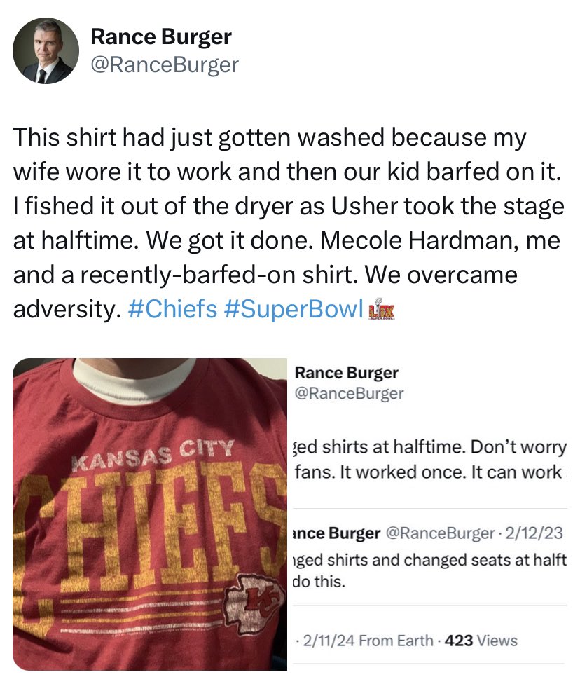 All right, Chiefs fans, the second half shirt is out of the drawer and on my torso. It hasn’t been barfed on this year, so I can’t guarantee it’ll work. It is still worth a shot.