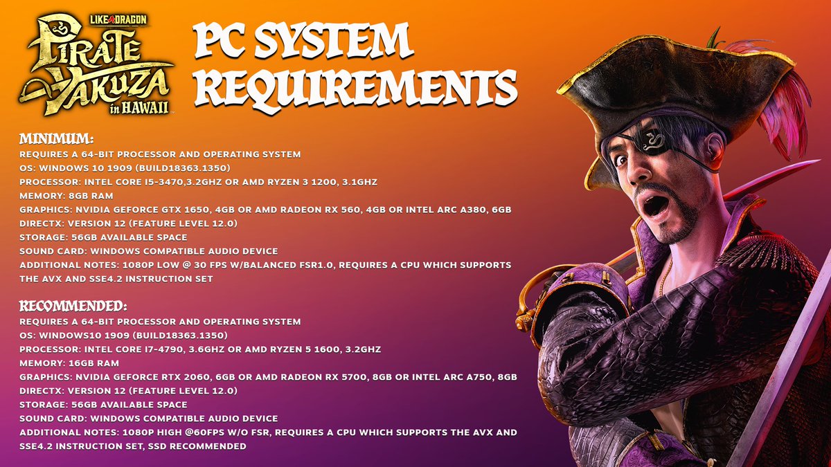 RGGStudio's tweet photo. The PC System Requirements for Like a Dragon: Pirate Yakuza in Hawaii have been updated 💻🖱️  Please check if you've already pre-ordered or plan to purchase. Thank you for your support🏴‍☠

⚓Setting Sale Feb 21st https://t.co/djwHyoRHfL