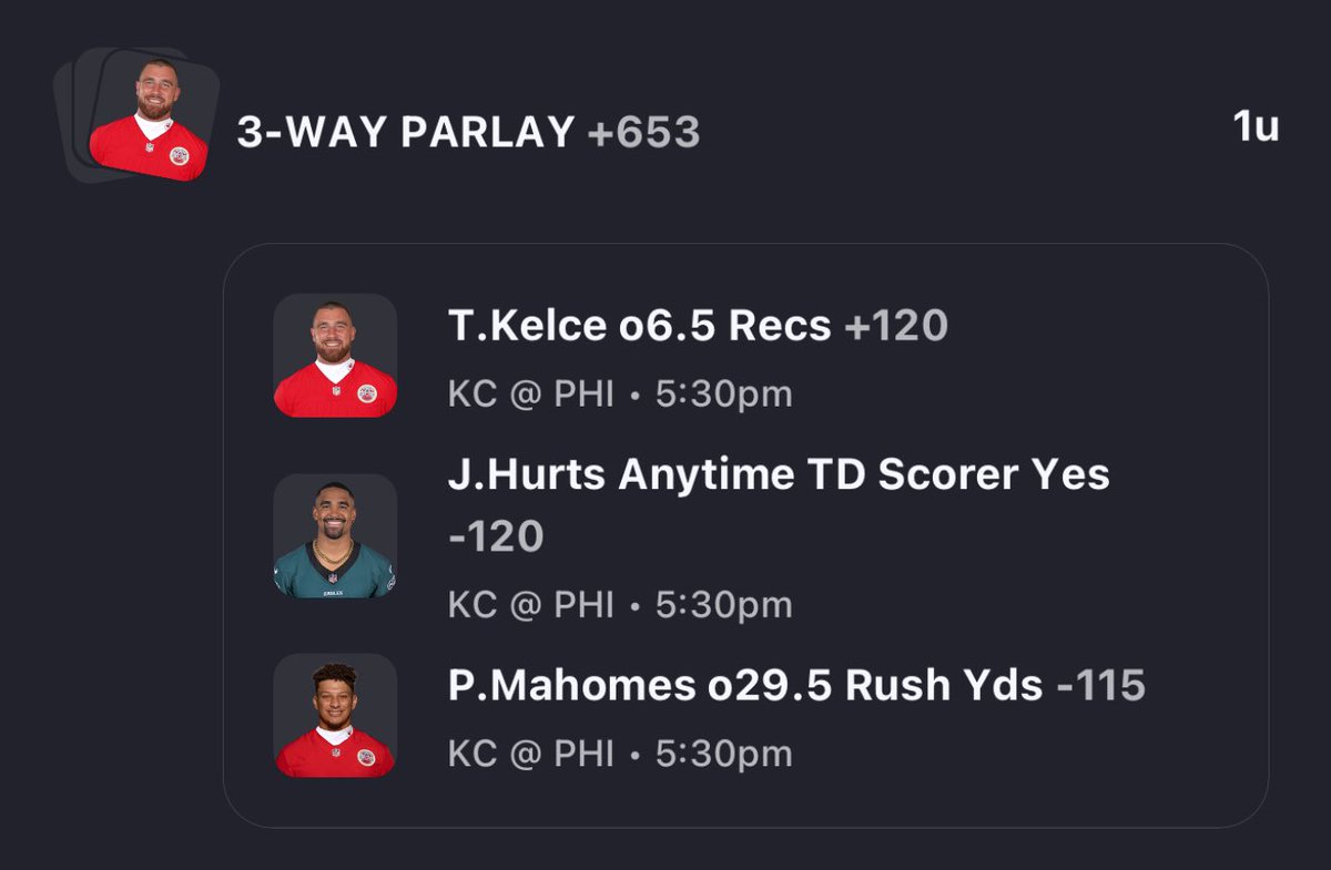 🔥 Super Bowl Sunday Picks 🔥
Here’s what I’m rolling with tonight:
🎤 National Anthem UNDER 120.5 seconds (+150)
🏈 Chiefs to win from behind (+175)
💨 Mahomes longest rush of the game (+1100)
💥 Hurts longest rush of the game (+1000)
📉 Under 48.5 total points (-105)
Plus some