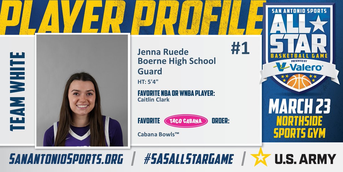 Meet <a href="/JennaRuede/">Jenna Ruede</a>  from <a href="/BoerneISD/">Boerne ISD</a> who will compete in the San Antonio Sports All-Star Basketball game pres. by <a href="/ValeroEnergy/">Valero</a> at the Northside Sports Gym on March 23rd! #SASAllStarGame #BeAllYouCanBe <a href="/TacoCabana/">Taco Cabana</a> <a href="/ArmySanAntonio/">GoArmy San Antonio</a> <a href="/CaitlinClark22/">Caitlin Clark</a> 

<a href="/LeechStan/">Boerne ISD Athletics</a> 
<a href="/BHSHoundBball/">Boerne Girls Basketball</a>