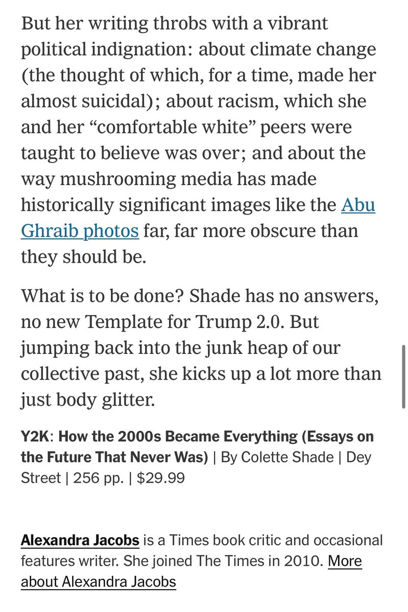 Colette Shade (buy Y2K) (@msshade) on Twitter photo Y2K got a pretty great review in <a href="/nytimesbooks/">New York Times Books</a>. Thanks <a href="/AlexandraJacobs/">Alexandra Jacobs</a>; you helped me fulfill a dream I’ve had since I was a Y2K era kid reading the NYT with my dad, the environmentalist engineer 💿🤍👽🫧 nytimes.com/2025/01/19/boo… Y2K got a pretty great review in <a href="/nytimesbooks/">New York Times Books</a>. Thanks <a href="/AlexandraJacobs/">Alexandra Jacobs</a>; you helped me fulfill a dream I’ve had since I was a Y2K era kid reading the NYT with my dad, the environmentalist engineer 💿🤍👽🫧 nytimes.com/2025/01/19/boo…