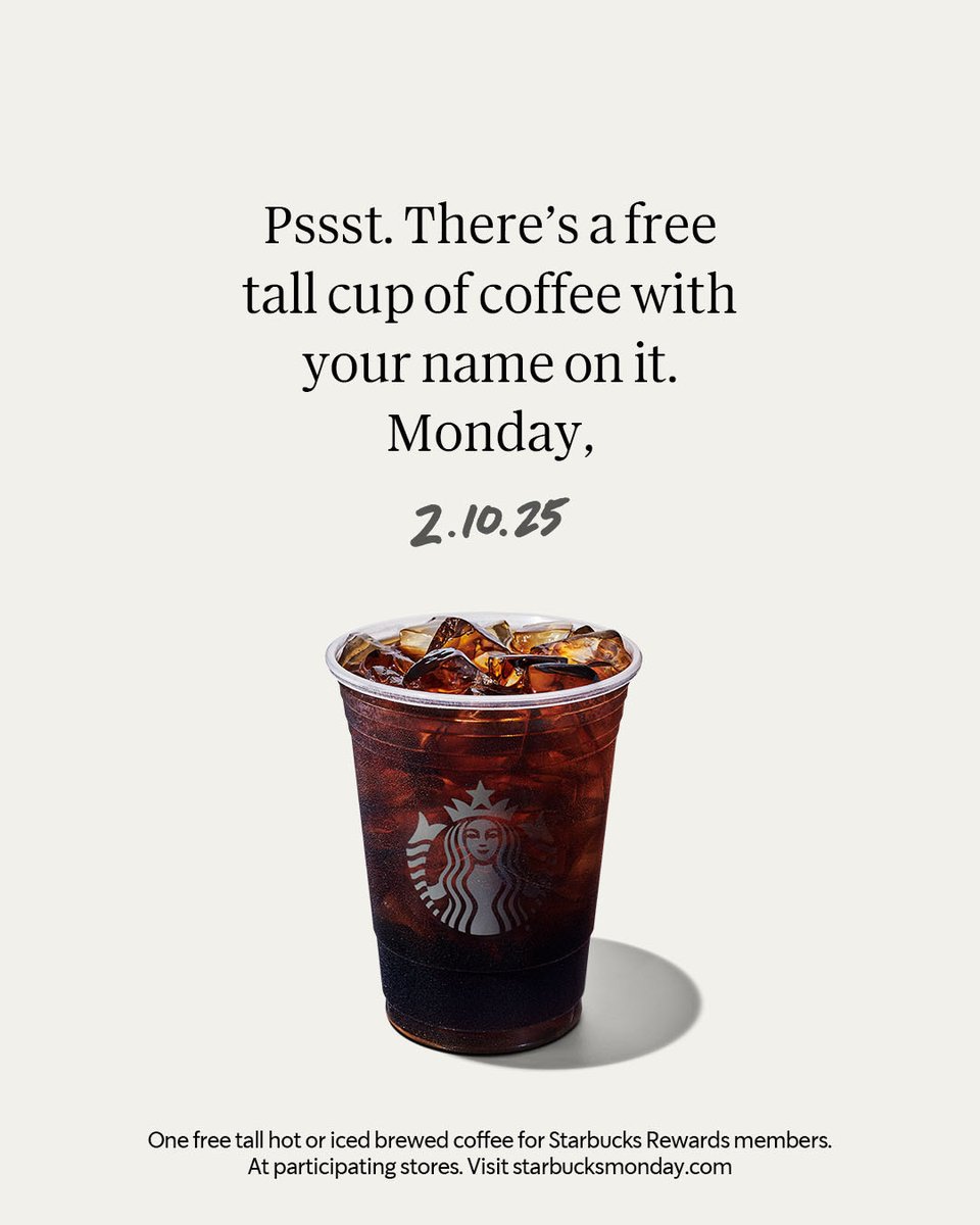 If you needed a reason to look forward to Monday, this is it. Starbucks® Rewards members get a free tall hot or iced coffee on 2.10.25. sbux.com/StarbucksMonda…