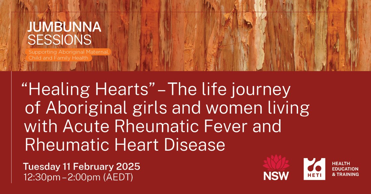 LAST DAY to register for tomorrow’s Jumbunna Session, “Healing Hearts”! Join researchers, a cardiologist, the NSW Rheumatic Heart Disease Coordinator (RHD) &amp; the Aboriginal Environmental Health Unit to explore prevention of Acute Rheumatic Fever &amp; RHD. heti.nsw.gov.au/heti-news-and-…