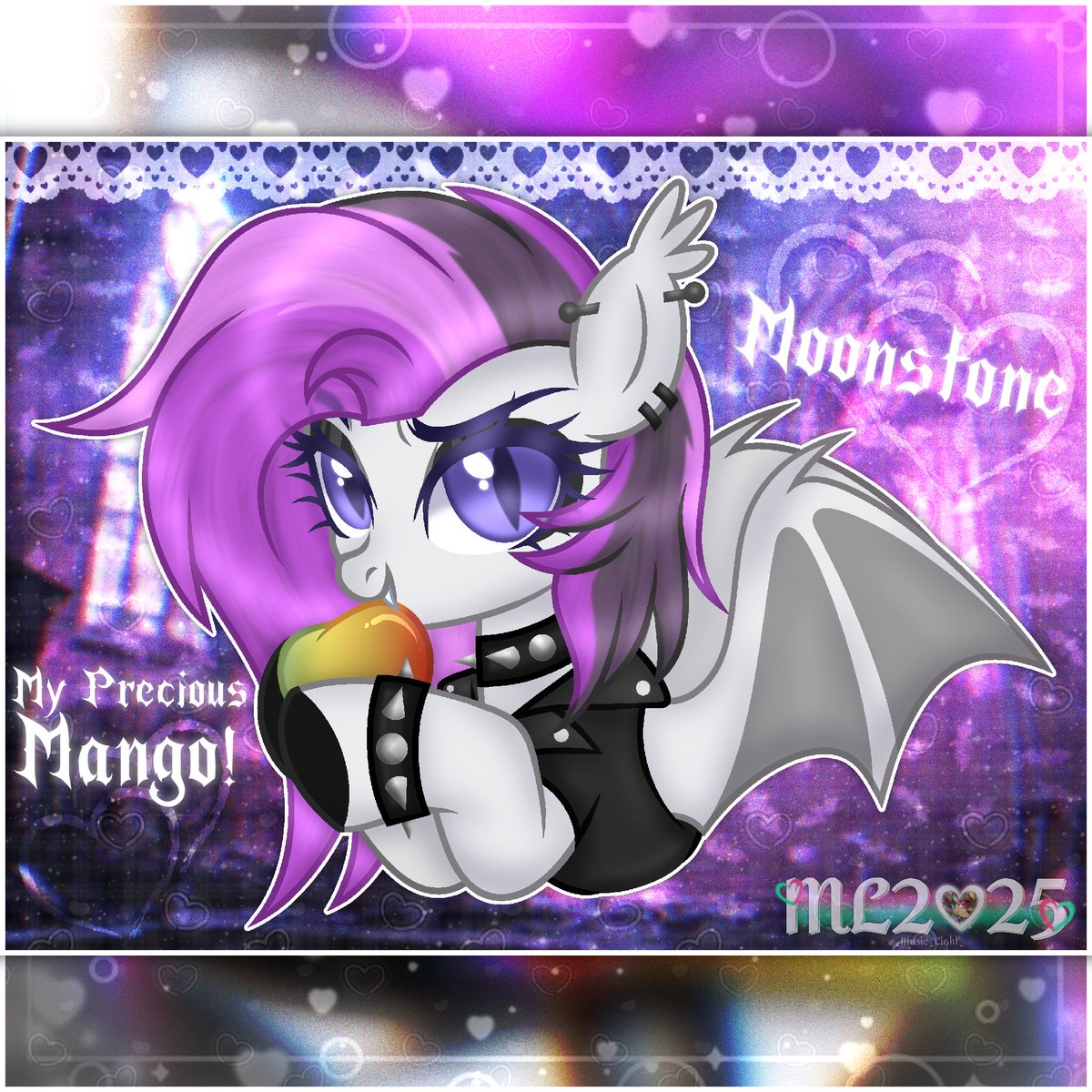 _Music_Light_'s tweet photo. 💜🦇🥭 [ Gift Art For @MoonstoneBAT ] 🥭🦇💜
Lil Gift for a smol bat 🤍 Hope u like it! 
#mlp #ibisPaintX #mylittlepony #mlpbat ✨ https://t.co/mu51ckdFc5