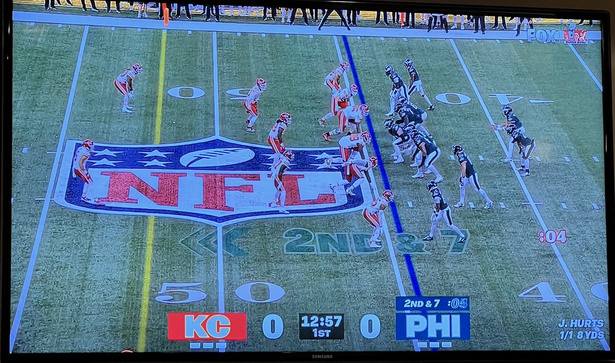 SuePearFL's tweet image. Fox really dropped the ball with this Super Bowl score graphic! It's so huge it feels like it's taking over the screen more than the actual game. Seriously, who thought this was a good idea? #SuperBowlLIX #FoxFail