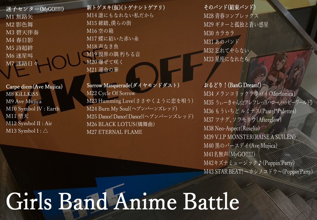 BanGDreamGH's tweet photo. 昨日の主催ライブ Girls Band Anime Battle #GBAB のセットリスト🌸 https://t.co/rLIsQ1lcgu