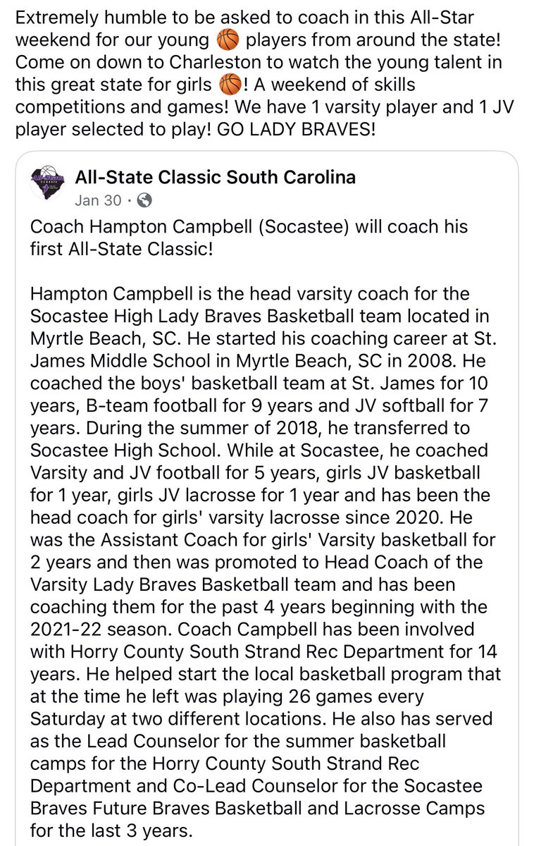 Extremely humble to coach in this All-Star weekend for our young 🏀 players from around the state! Come down to Charleston to watch the young talent in this great state for girls 🏀! A weekend of skills competitions and games! We have 1 varsity &amp; 1 JV playing! ! GO LADY BRAVES!