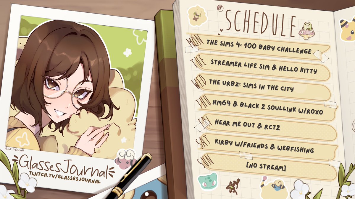 📅stream schedule february 10th-15th
🎮on the docket we have: sims 4, streamer life sim, hello kitty, rct2, the urbz, hm64, soullink w/ <a href="/roxoah_/">rox</a> , our hear me out event &amp; webfishing!
🤝collab on sat @ 11am &amp; 9pm!
⏲️streams start at 11am! 
➡️twitch.tv/glassesjournal