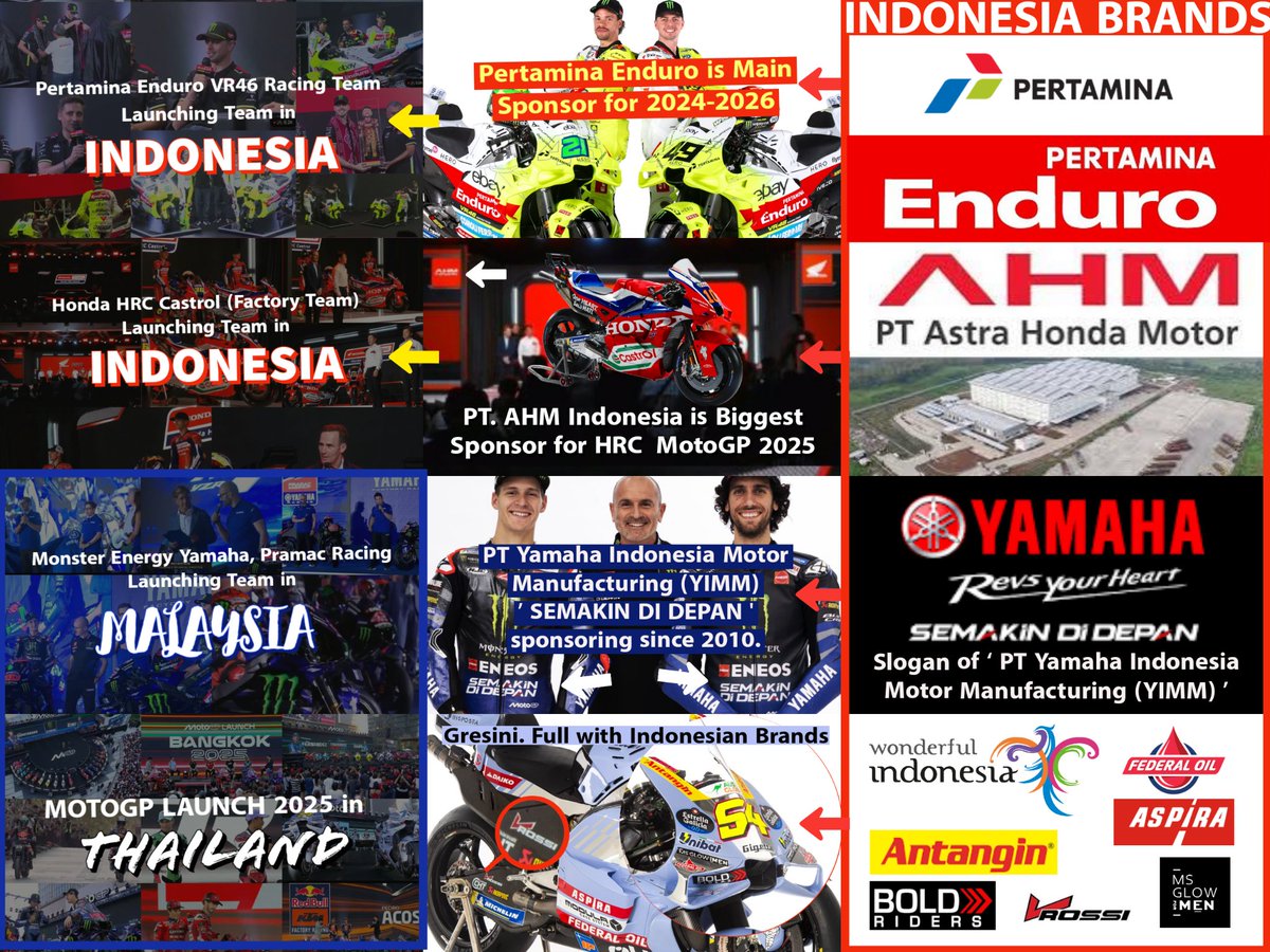 ThatSun510's tweet image. Several Southeast Asian countries, particularly Indonesia, have attracted @Motogp and several MotoGP Teams in the new era of #MotoGP. 🥂❤

@VR46RacingTeam 
@GresiniRacing 
@YamahaMotoGP 
@HRC_MotoGP 

#MotoGPLaunch #MotoG