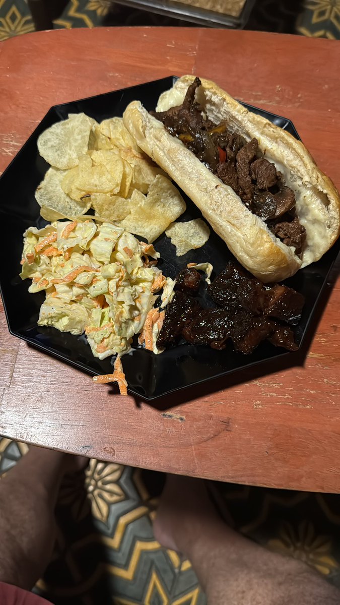 Superb Owl dinner. Philly cheese steaks, Burnt Ends, &amp; fixings