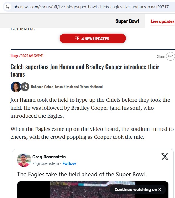 darrellmilton's tweet photo. @NBCNews reports that Bradley Cooper introduced the @Eagles with his son. I thought he only had a daughter. #SuperBowlLIX https://t.co/nhzX5cMchQ