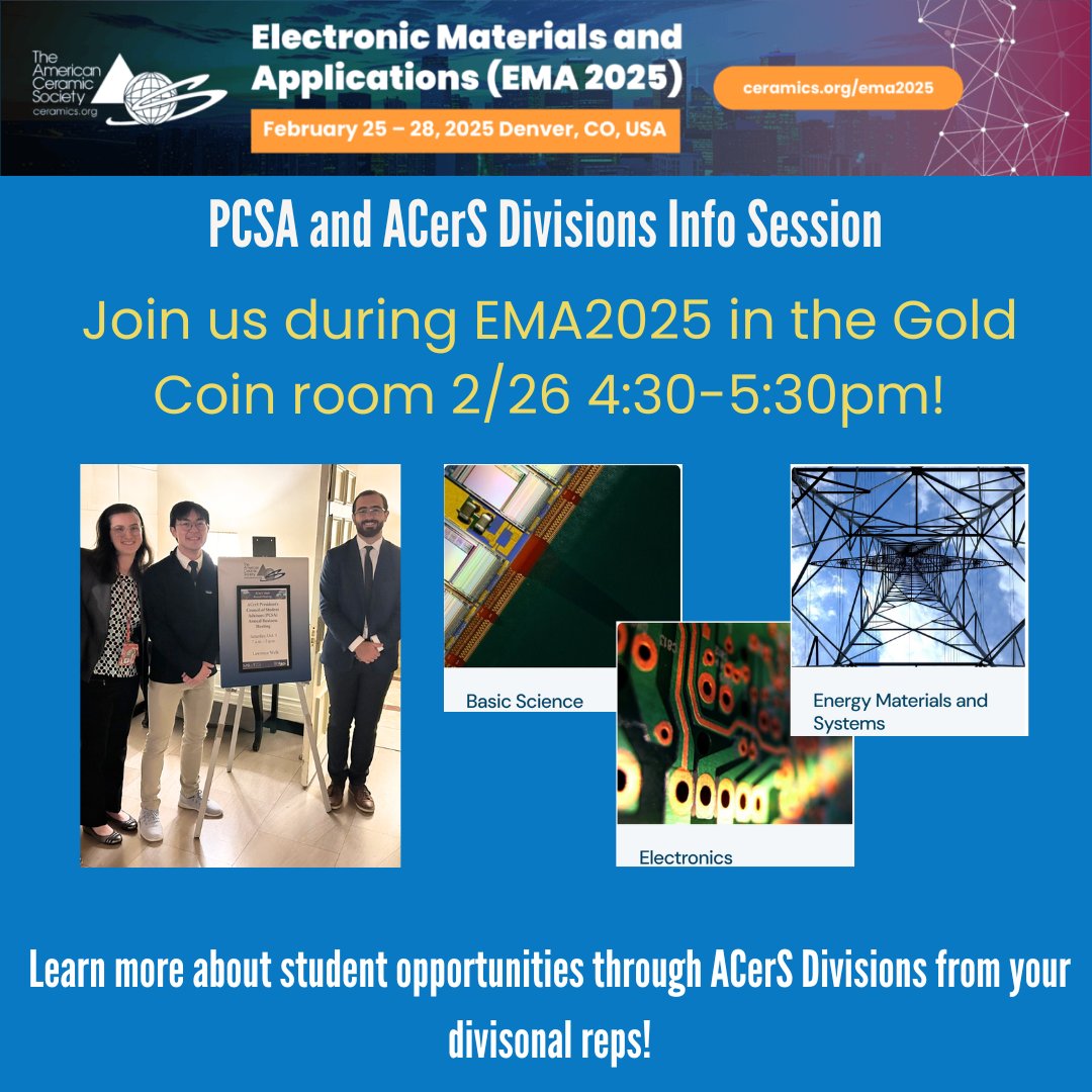 Looking for scholarships, conference funding, and leadership opportunities? Join the PCSA and ACerS Divisions Info Session at EMA2025! Learn how you can get involved and grow your career. Feb 26 | ⏰ 4:30–5:30 PM | 📍 Gold Coin Room. Don't miss out! #EMA2025 #ACerS #PCSA