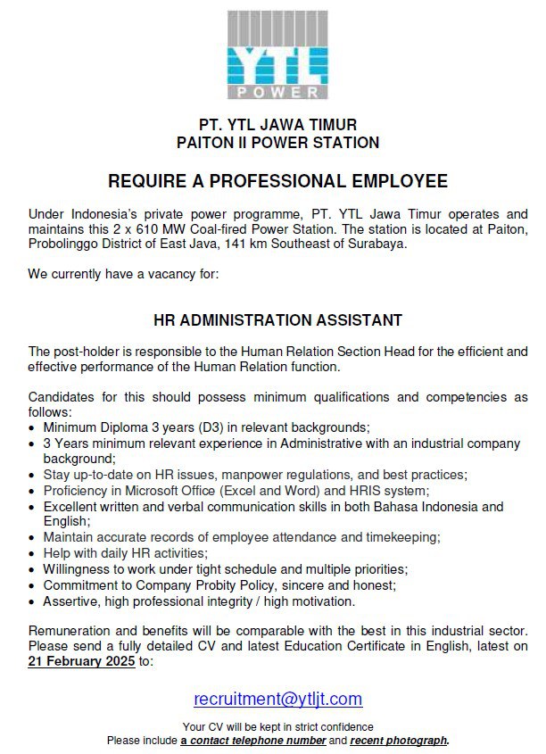 GoProbolinggo's tweet image. Vacant Job in Paiton Unit 5&6 1,300 MegaWatt Power Plant
#Careers #hrd #vacant