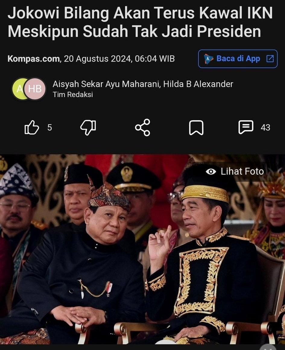 Pdhl jokodok sendiri yg bilang siap kawal IKN meski sdh tak jadi presiden, giliran ditanya dia lepas tangan, cebokernya nyalahin wartawan.

Kalo ada berita bagus soal IKN, Jokodok yg dipuji, kalo buruk, Prabowo yg hrs bertanggung jawab.
Hidupmu kok se asu ini bro <a href="/DedynurPalakka/">Dedy Nur</a>.
