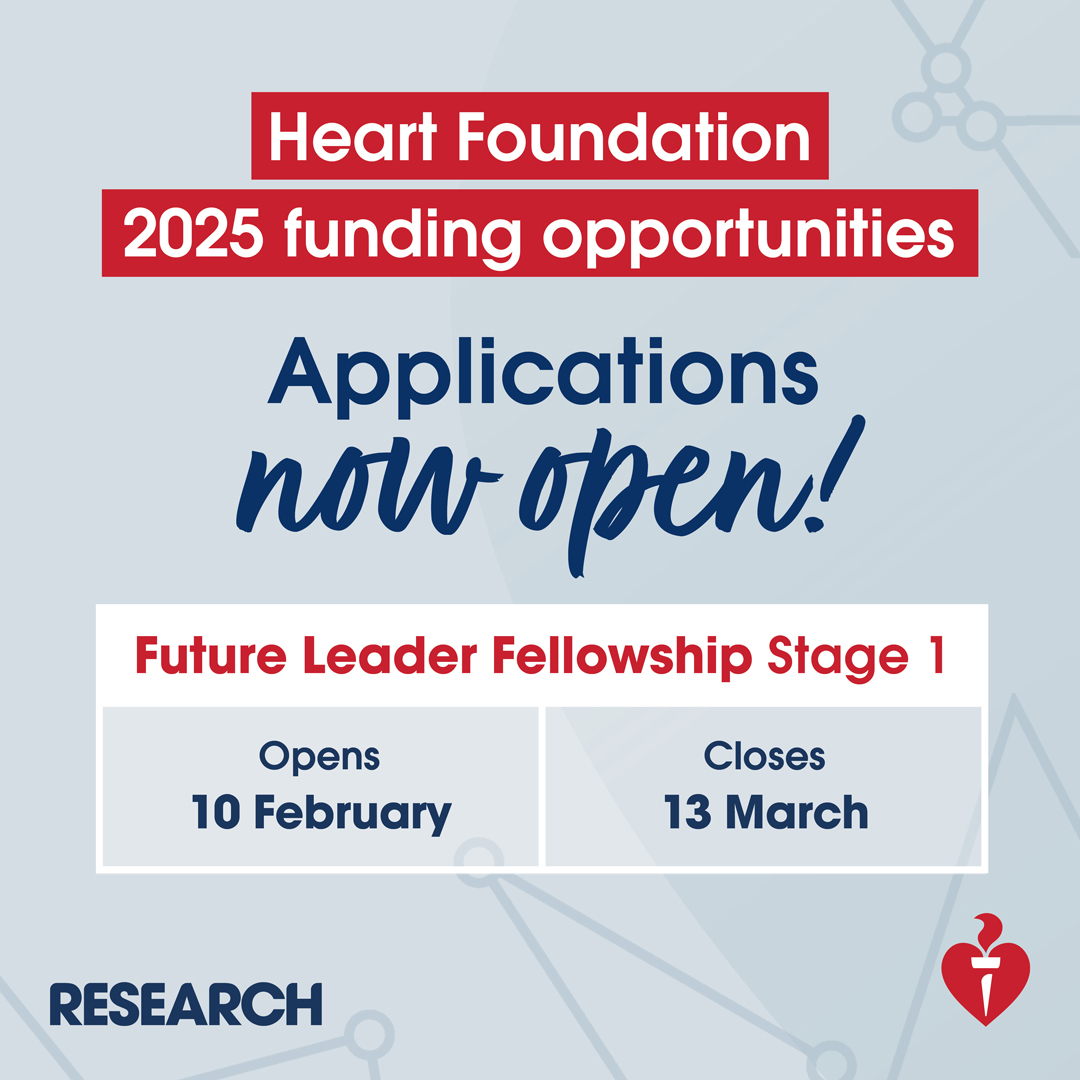 2025 Heart Foundation funding opportunities for cardiovascular research OPEN TODAY, starting with the Future Leader Fellowship. 📆More details including 2025 funding guidelines on our website now 👉 pulse.ly/7uqgae4zsw